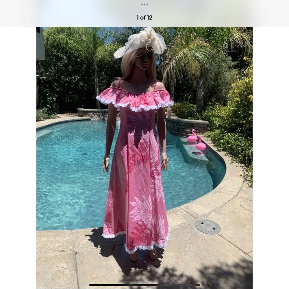 Vtg 💋 80’s CC Fashions Hawaiian 🌴 pink floral & ruffle maxi Dress Sz S NWT